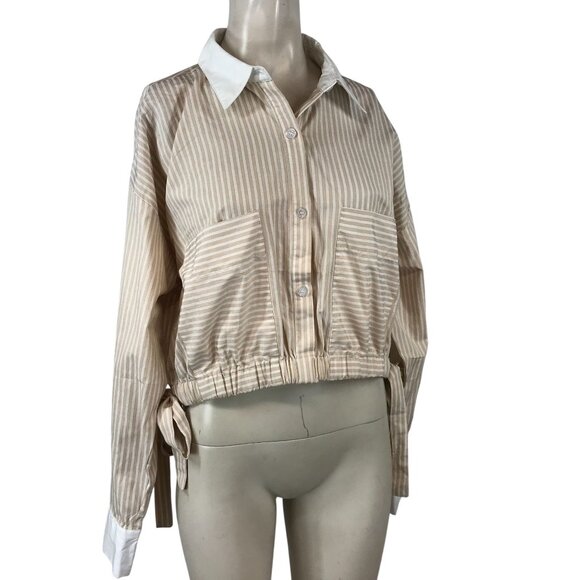SANS SOUCI - WOMEN'S XL - TAN BUTTON COLLARED GATHERED WAIST COTTON BLEND SHIRT - Picture 1 of 7